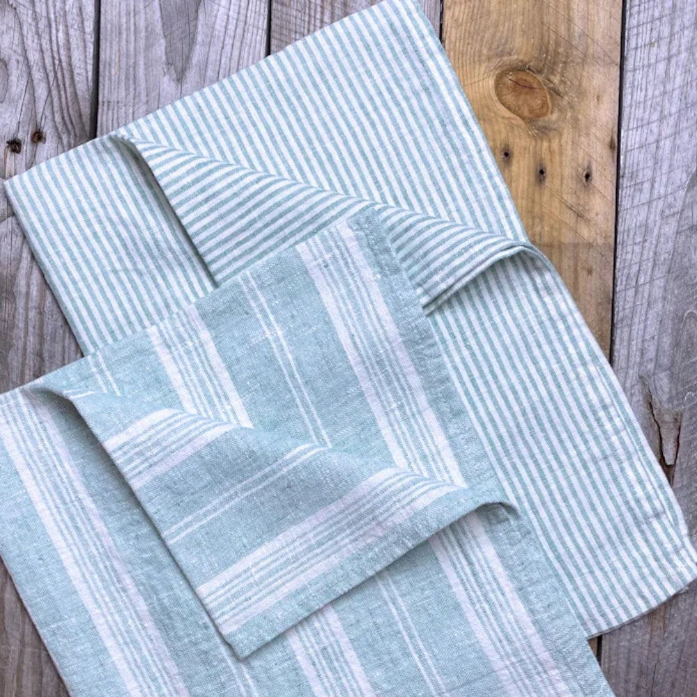 Green + White Thin Stripe Linen Hand Towel