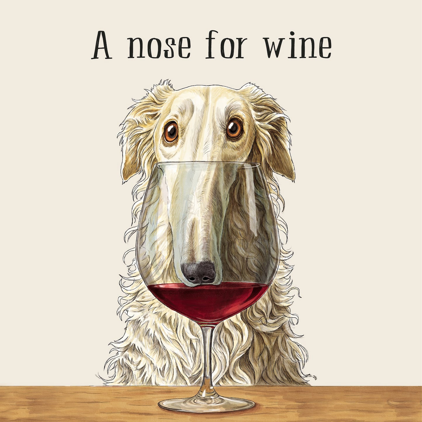 A square graphic cocktail napkin featuring an illustration of a long-haired. long-snout dog with its face inside a wine glass filled with red wine. The text 'A nose for wine' above. The background is a solid light cream color, and the dog sits at a wooden tabletop.