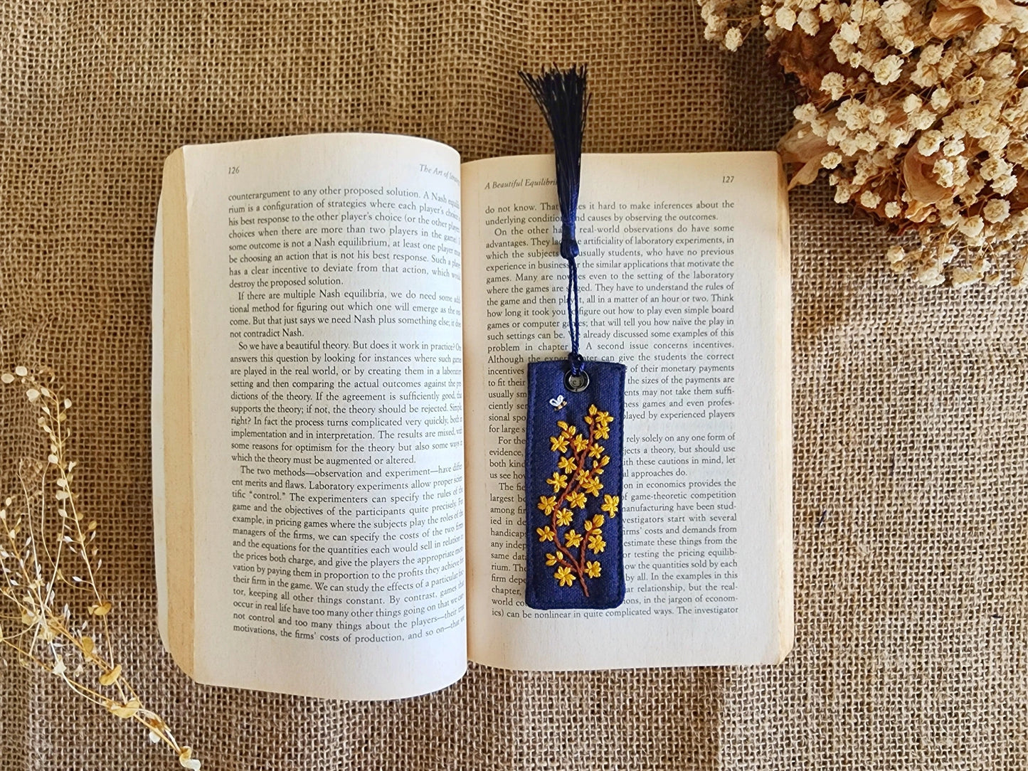 Navy Embroidered Linen Bookmark
