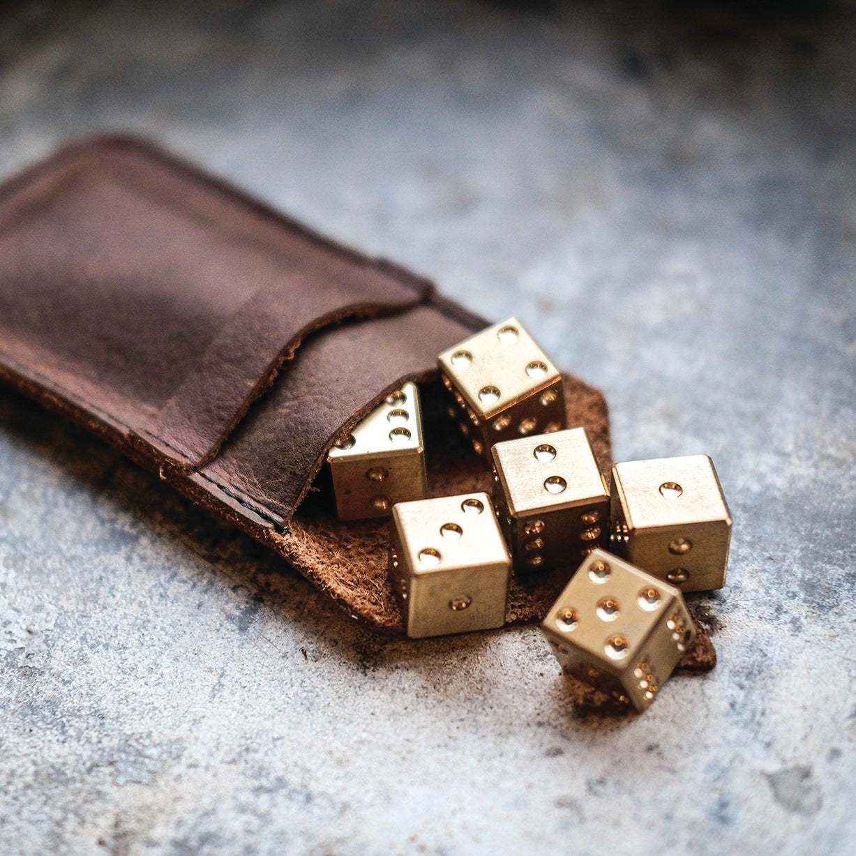 Brass Dice Set in Leather Pouch