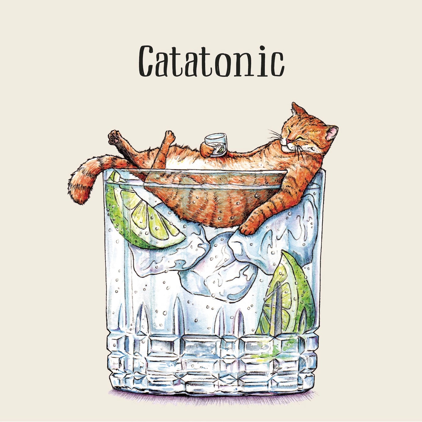 Illustration of an orange stripe cat lounging asleep in a rocks glass filled with liquor, lime wedges, and ice, labeled 'Catatonic'. A play on the the cocktail, Gin and Tonic.