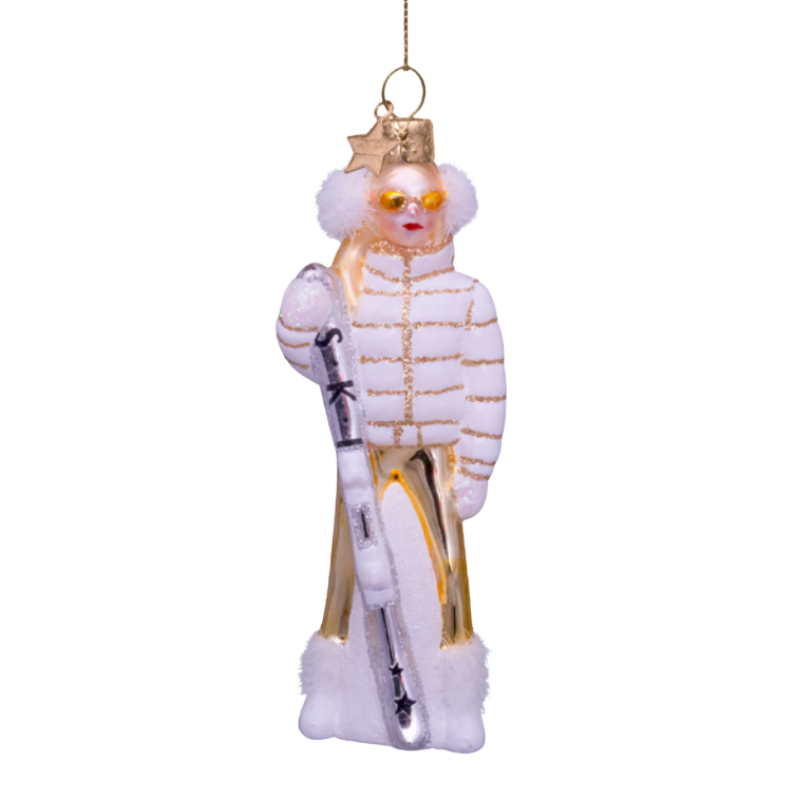 Glass Ski Lady in White Ornament