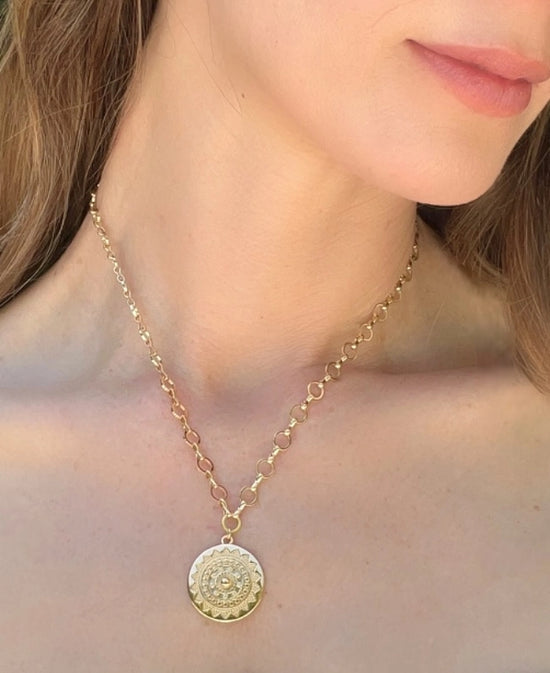 Sun Medallion Pendant Necklace in Gold by Amelia Rose Jewelry