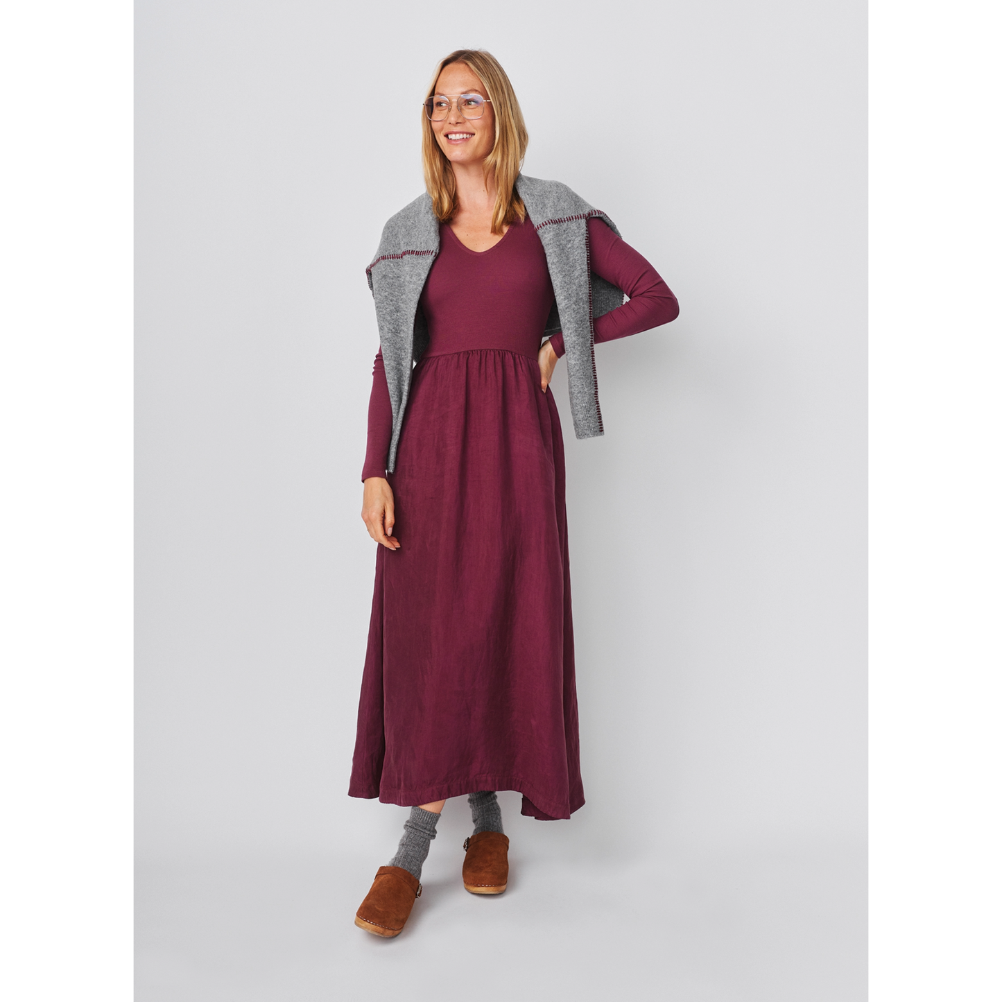 Mixed Ribbed Cupro Dress, Mulled Wine