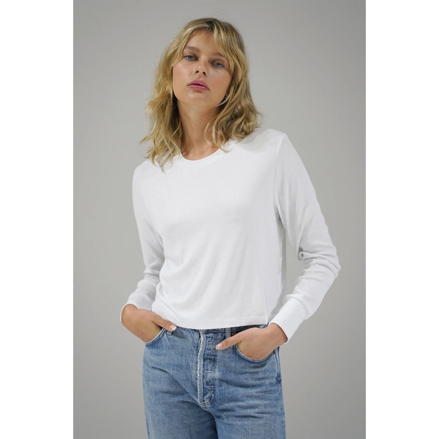 Long Sleeve Ribbed Crew, White by LNA