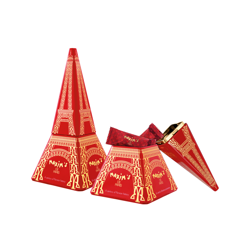 Red tin depicting the Eiffel Tower in gold. Contains French salted butter caramel.