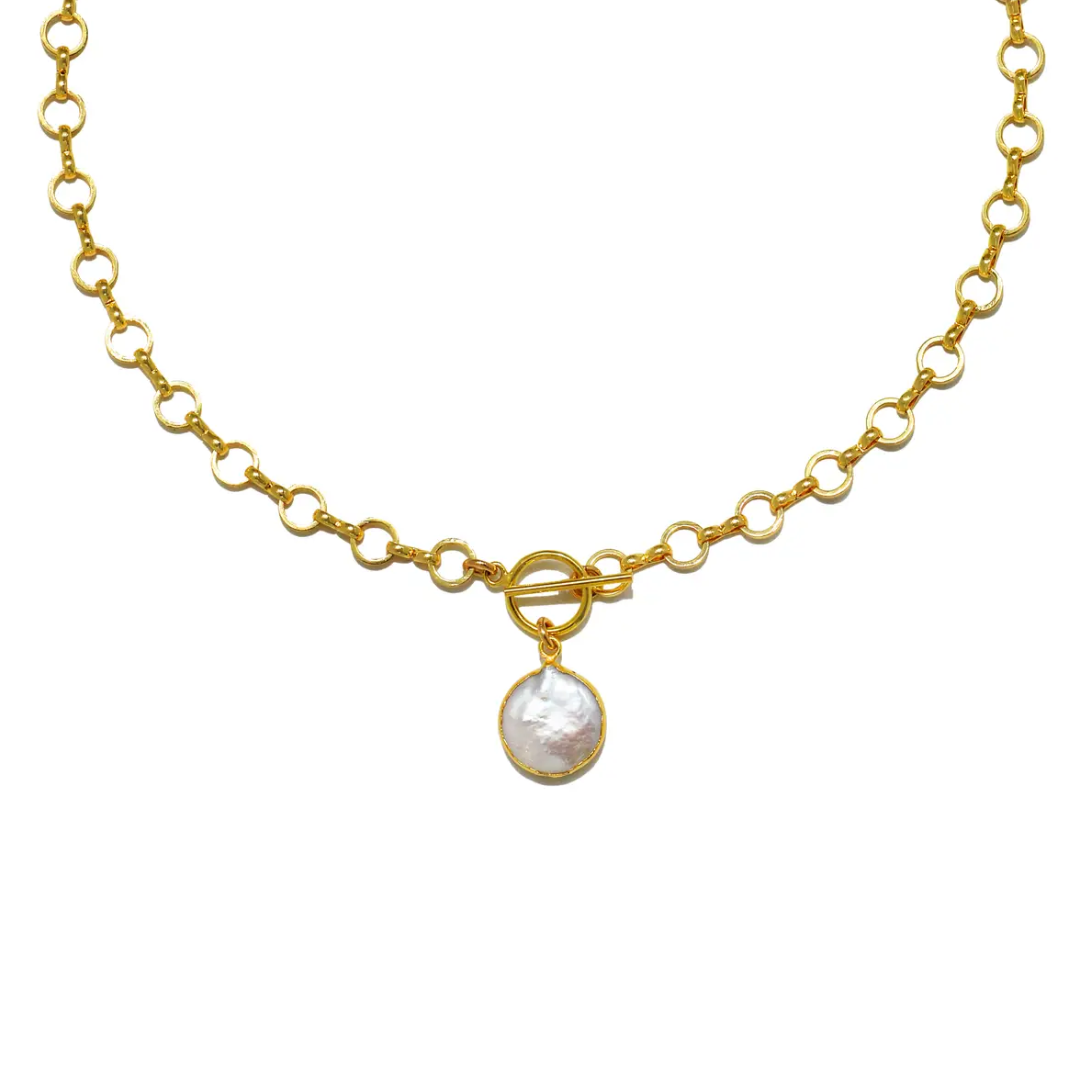Framed Pearl Toggle Necklace in Gold by Amelia Rose Jewelry