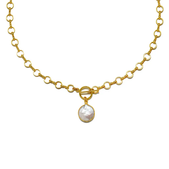 Framed Pearl Toggle Necklace in Gold by Amelia Rose Jewelry