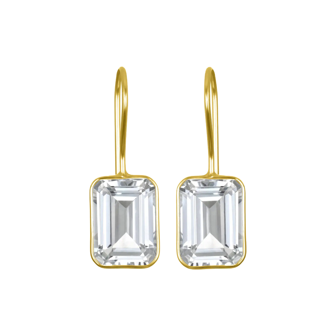 White Topaz Bezeled Emerald Cut Dangles by Amelia Rose Jewelry