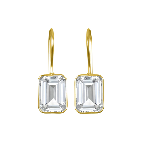 White Topaz Bezeled Emerald Cut Dangles by Amelia Rose Jewelry