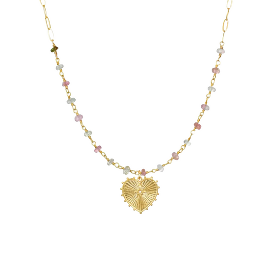Pastel Tourmaline Necklace with Beaded Heart Charm