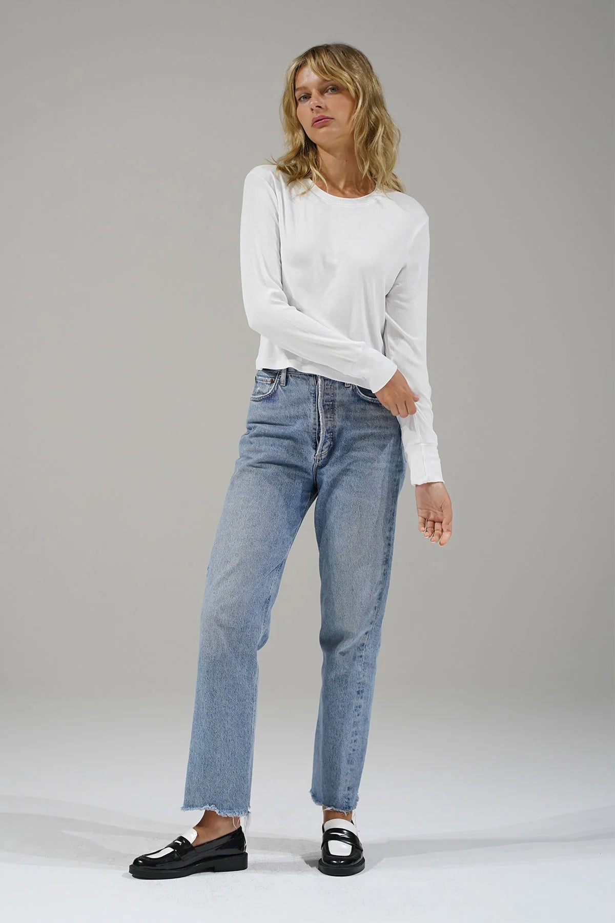 Long Sleeve Ribbed Crew, White by LNA