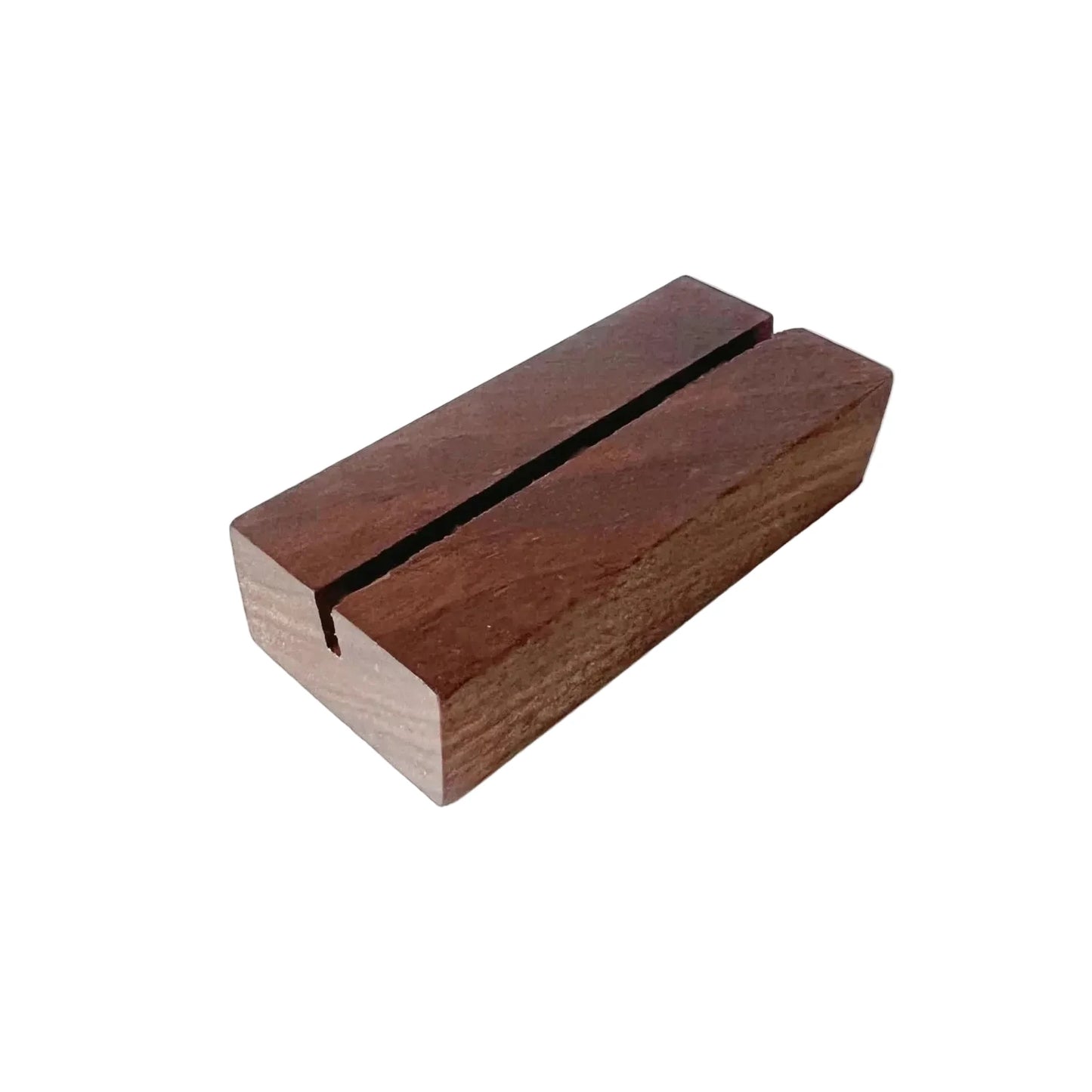 Wooden card holder block with a groove design on a white background.